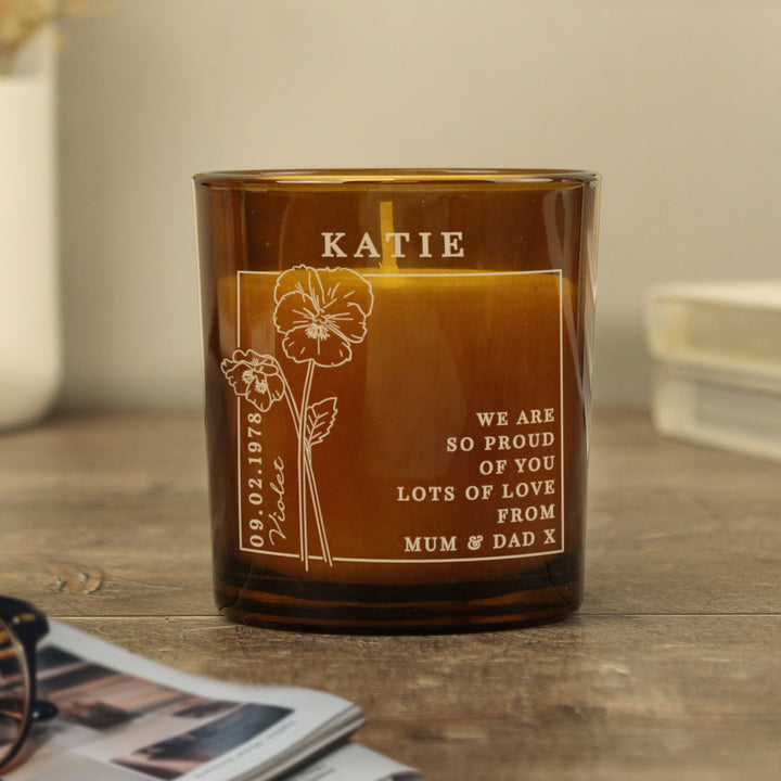 Buy Personalised February Birth Flower Amber Glass Candle available now at www.giftsfinder.co.uk