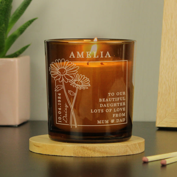 Buy Personalised April Birth Flower Amber Glass Candle available now at www.giftsfinder.co.uk