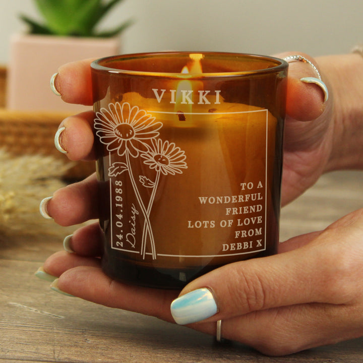 Buy Personalised April Birth Flower Amber Glass Candle available now at www.giftsfinder.co.uk