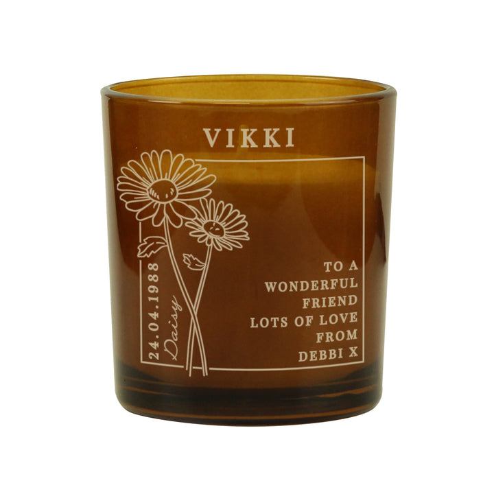 Buy Personalised April Birth Flower Amber Glass Candle available now at www.giftsfinder.co.uk