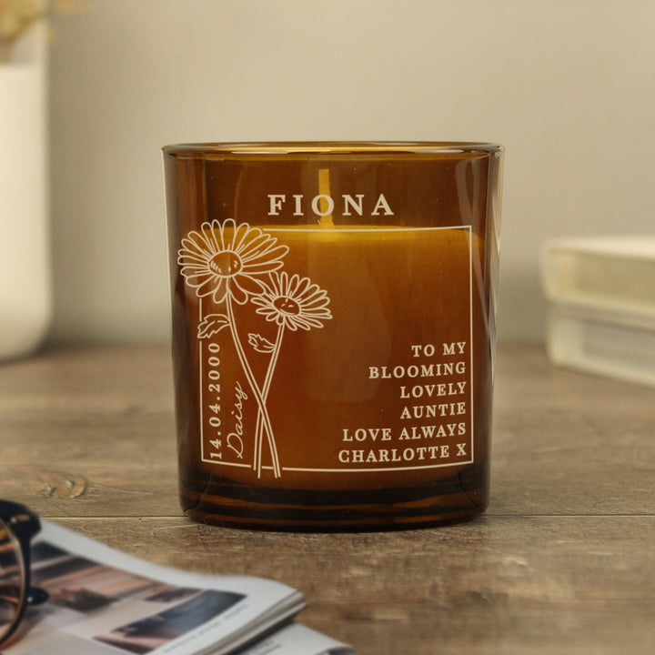 Buy Personalised April Birth Flower Amber Glass Candle available now at www.giftsfinder.co.uk