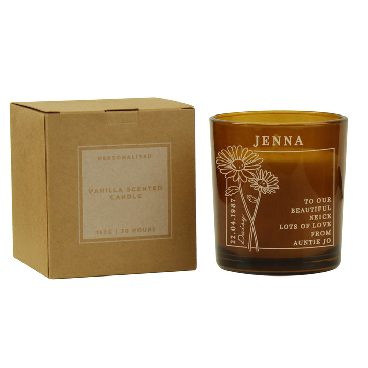 Buy Personalised April Birth Flower Amber Glass Candle available now at www.giftsfinder.co.uk