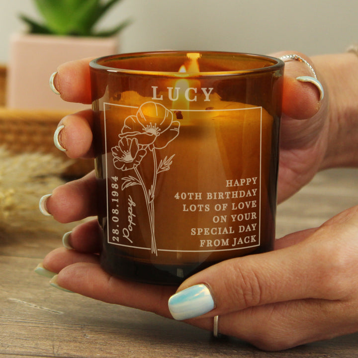 Buy Personalised August Birth Flower Amber Glass Candle available now at www.giftsfinder.co.uk