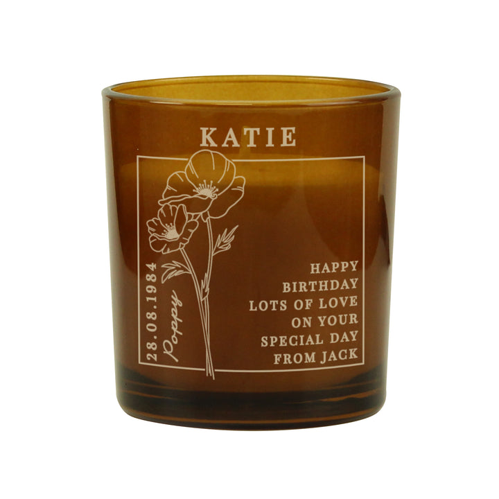 Buy Personalised August Birth Flower Amber Glass Candle available now at www.giftsfinder.co.uk