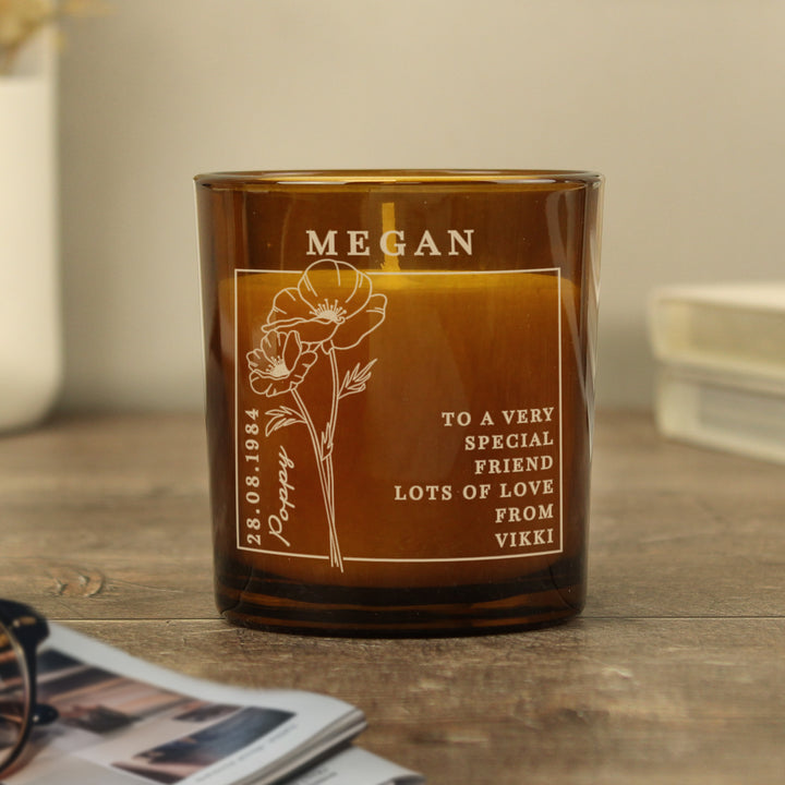 Buy Personalised August Birth Flower Amber Glass Candle available now at www.giftsfinder.co.uk