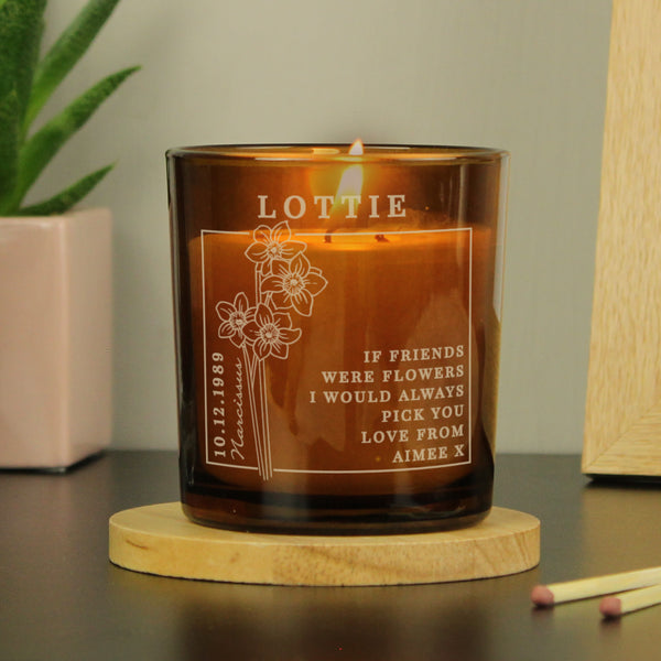 Buy Personalised December Birth Flower Amber Glass Candle available now at www.giftsfinder.co.uk