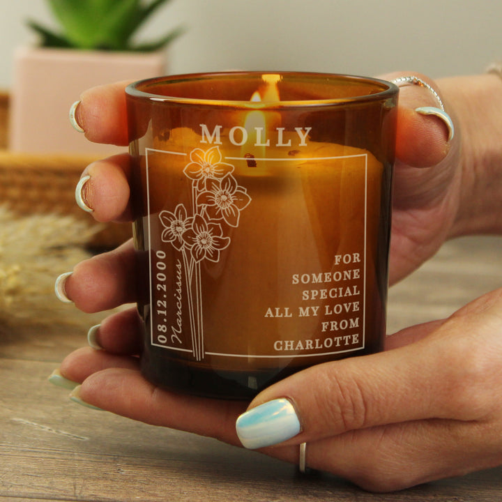 Buy Personalised December Birth Flower Amber Glass Candle available now at www.giftsfinder.co.uk