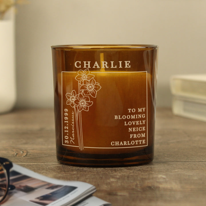 Buy Personalised December Birth Flower Amber Glass Candle available now at www.giftsfinder.co.uk