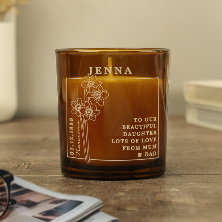 Buy Personalised December Birth Flower Amber Glass Candle available now at www.giftsfinder.co.uk