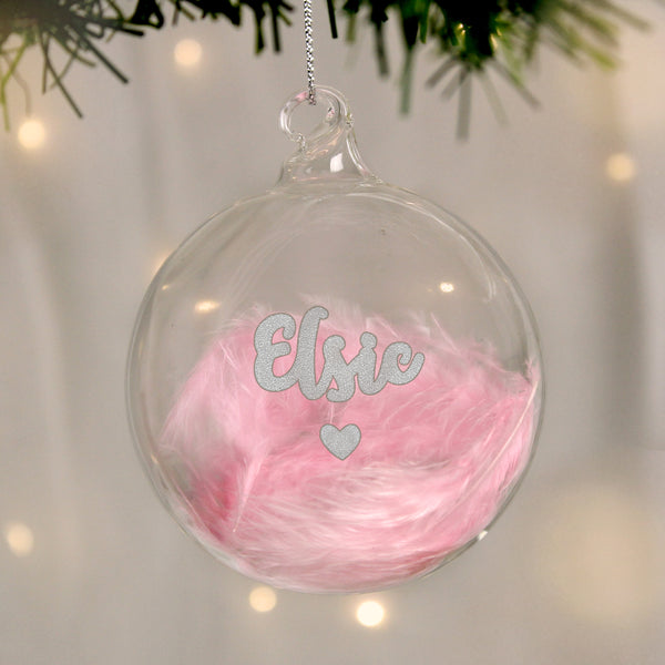 Personalised Pink Feather Silver Heart Glass Bauble - part of the Personalised Baubles collection