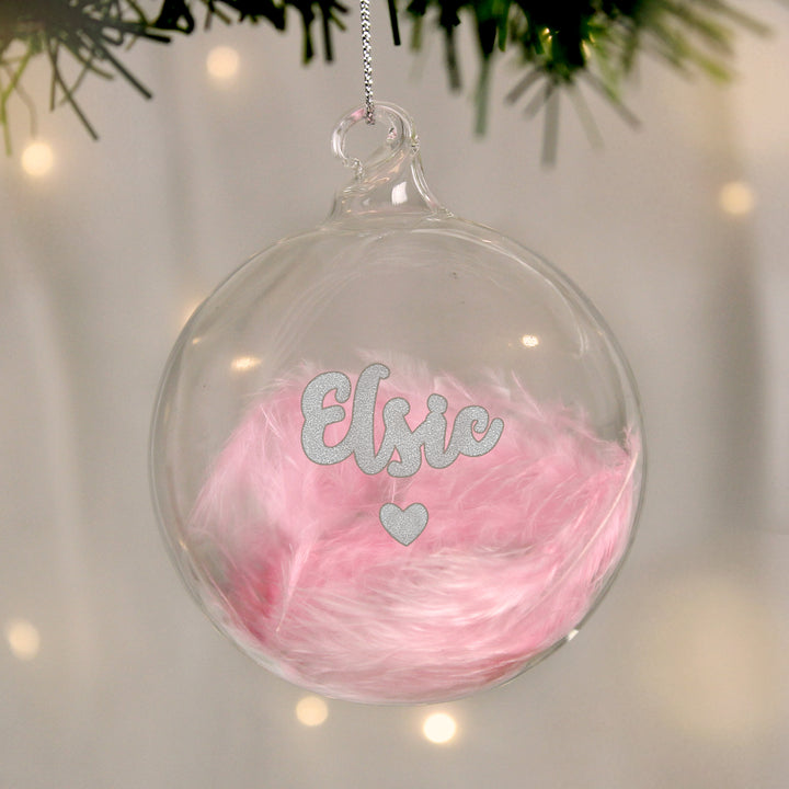 Personalised Pink Feather Silver Heart Glass Bauble - part of the Gifts Finder Personalised Baubles collection