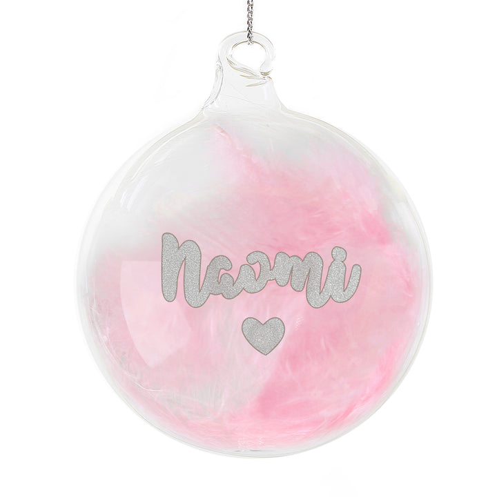 Personalised Pink Feather Silver Heart Glass Bauble - part of the Gifts Finder Personalised Baubles collection