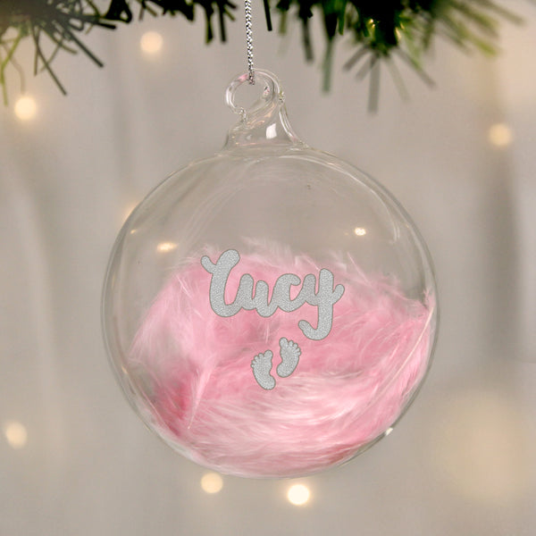 Personalised Pink Feather Silver Footprints Glass Bauble - part of the Personalised Baubles collection