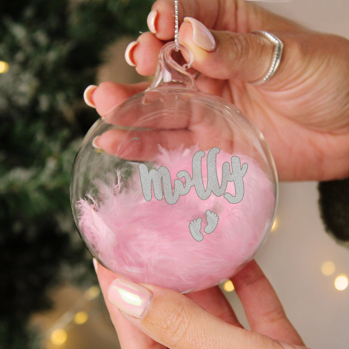 Personalised Pink Feather Silver Footprints Glass Bauble - part of the Gifts Finder Personalised Baubles collection