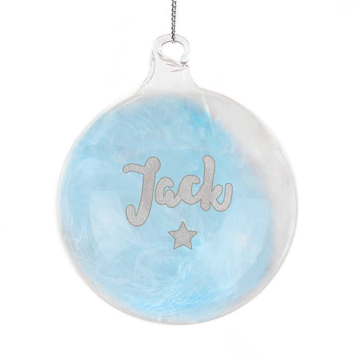 Personalised Blue Feather Silver Star Glass Bauble - part of the Gifts Finder Personalised Baubles collection