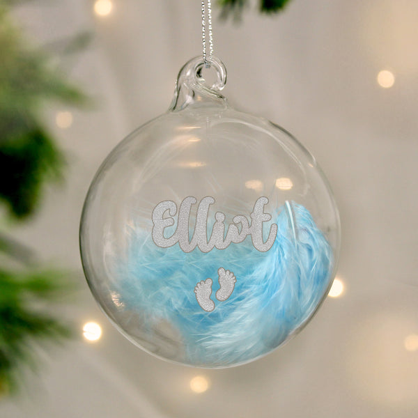 Personalised Blue Feather Silver Footprints Glass Bauble - part of the Personalised Baubles collection