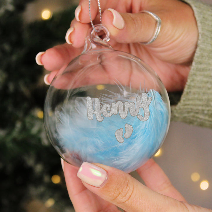 Personalised Blue Feather Silver Footprints Glass Bauble - part of the Gifts Finder Personalised Baubles collection