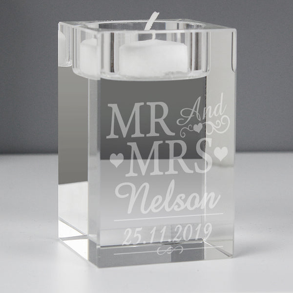 Buy Personalised Mr & Mrs Glass Tea Light Candle Holder available now at www.giftsfinder.co.uk