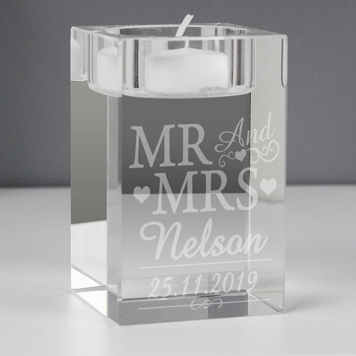 Personalised Mr & Mrs Glass Tea Light Candle Holder - part of the Gifts Finder Personalised Candle Holders collection