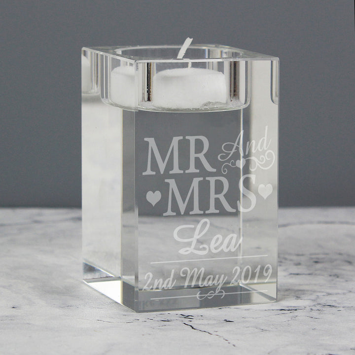 Personalised Mr & Mrs Glass Tea Light Candle Holder - part of the Gifts Finder Personalised Candle Holders collection