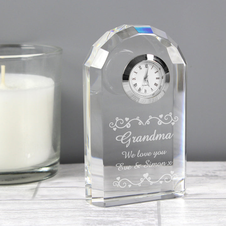 Buy Personalised Heart Swirl Crystal Clock available now at www.giftsfinder.co.uk