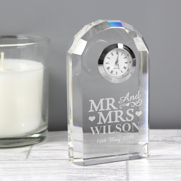 Buy Personalised Mr & Mrs Crystal Clock available now at www.giftsfinder.co.uk