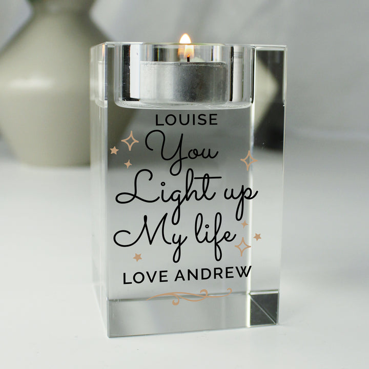 Buy Personalised You Light Up My Life Glass Tea Light Holder at www.giftsfinder.co.uk