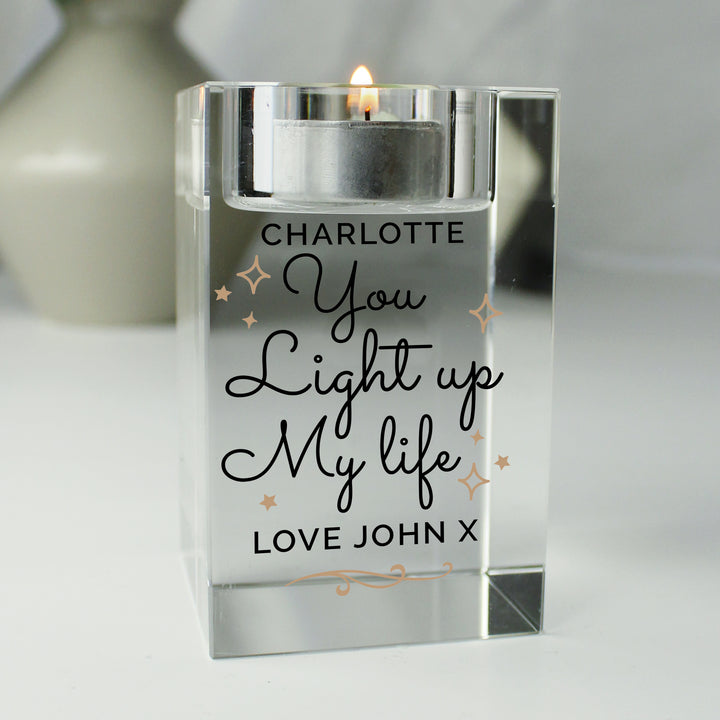 Buy Personalised You Light Up My Life Glass Tea Light Holder at www.giftsfinder.co.uk