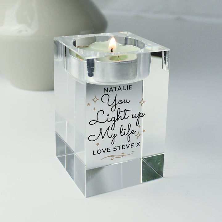 Buy Personalised You Light Up My Life Glass Tea Light Holder at www.giftsfinder.co.uk