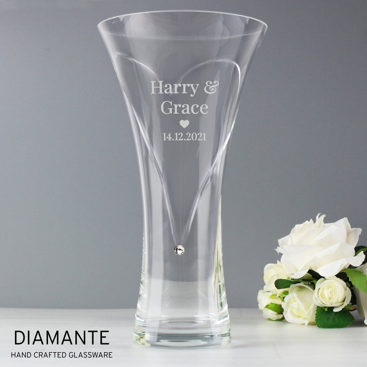 Buy Personalised Mr & Mrs Large Hand Cut Diamante Heart Vase available now at www.giftsfinder.co.uk