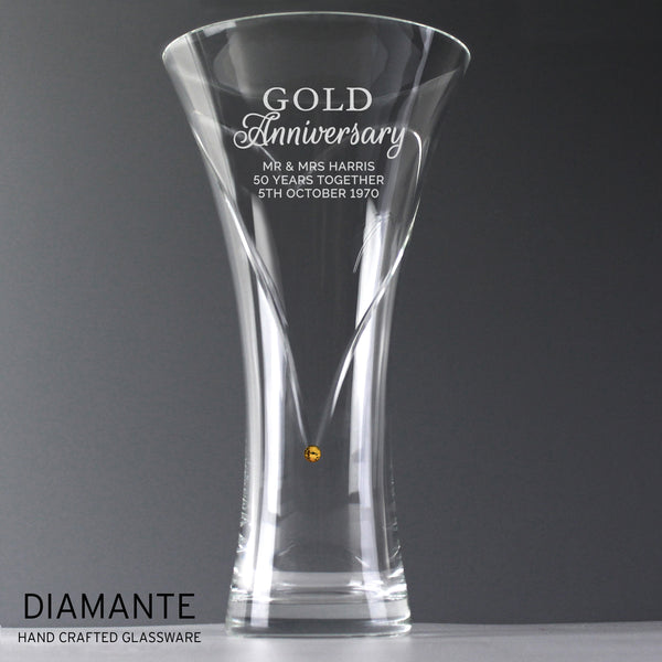 Buy Personalised Gold Anniversary Large Hand Cut Diamante Heart Vase available now at www.giftsfinder.co.uk