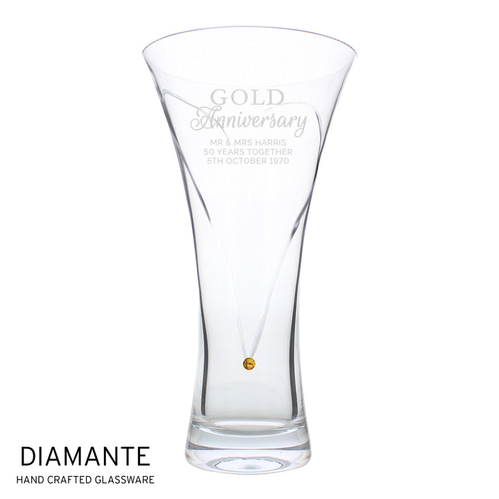 Buy Personalised Gold Anniversary Large Hand Cut Diamante Heart Vase available now at www.giftsfinder.co.uk