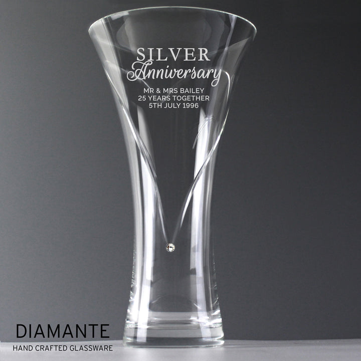 Personalised Silver Anniversary Large Hand Cut Diamante Heart Vase in gift category Personalised Anniversary Gifts