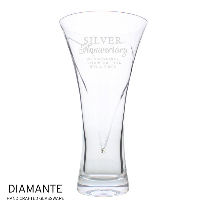 Personalised Silver Anniversary Large Hand Cut Diamante Heart Vase in gift category Personalised Anniversary Gifts