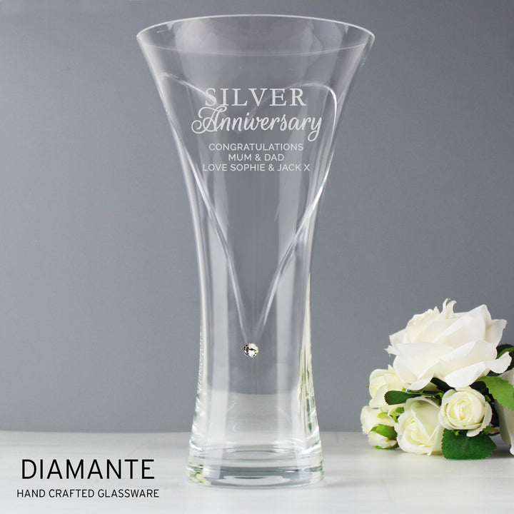 Personalised Silver Anniversary Large Hand Cut Diamante Heart Vase in gift category Personalised Anniversary Gifts