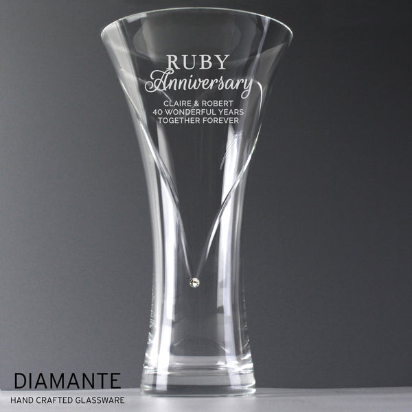 Personalised Ruby Anniversary Large Hand Cut Diamante Heart Vase in gift category Personalised Vases