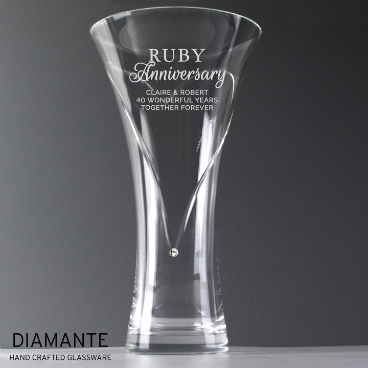 Personalised Ruby Anniversary Large Hand Cut Diamante Heart Vase in gift category Personalised Vases