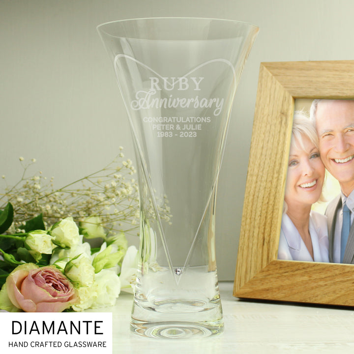 Personalised Ruby Anniversary Large Hand Cut Diamante Heart Vase in gift category Personalised Vases