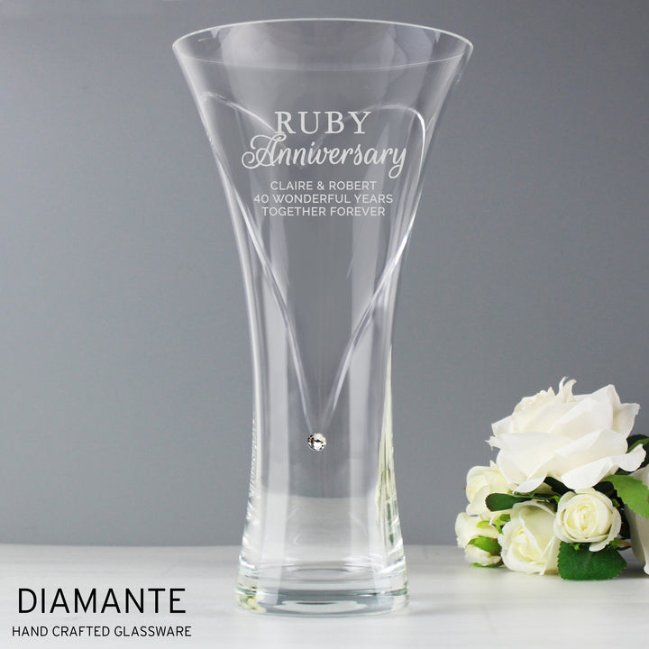 Personalised Ruby Anniversary Large Hand Cut Diamante Heart Vase in gift category Personalised Vases