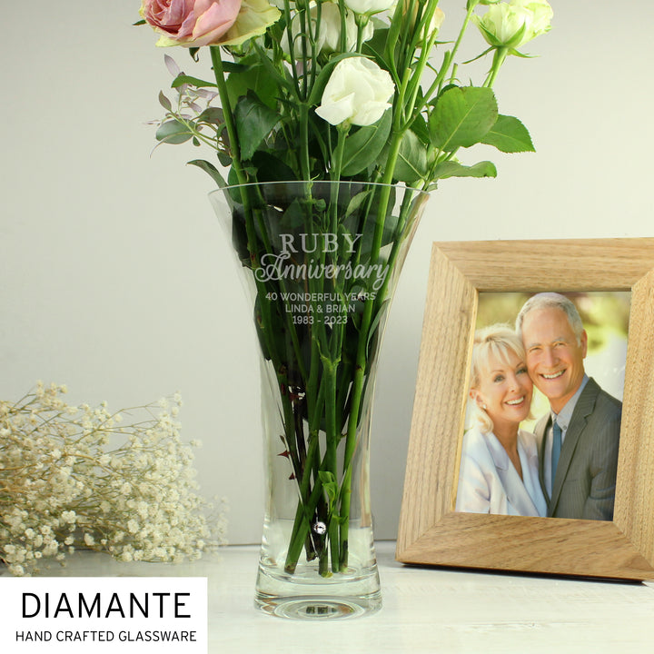 Personalised Ruby Anniversary Large Hand Cut Diamante Heart Vase in gift category Personalised Vases