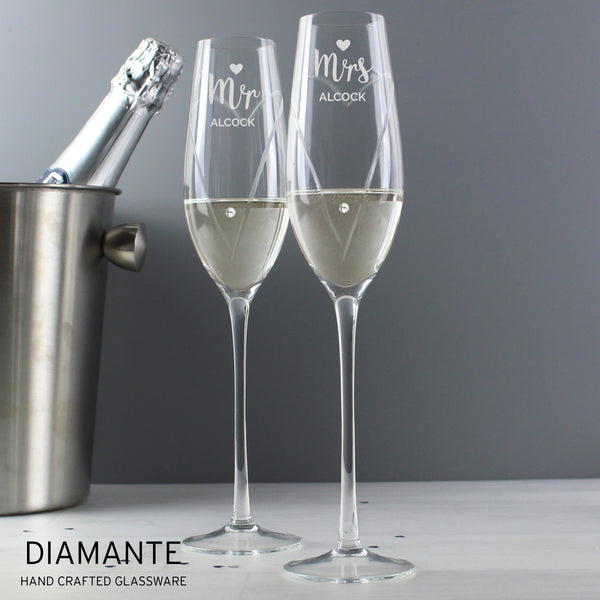 Buy Personalised Hand Cut Mr & Mrs Pair of Diamante Champagne Flutes, In A Gift Box available now at www.giftsfinder.co.uk