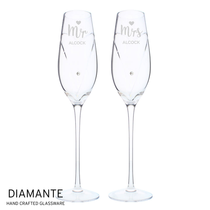 Buy Personalised Hand Cut Mr & Mrs Pair of Diamante Champagne Flutes, In A Gift Box available now at www.giftsfinder.co.uk