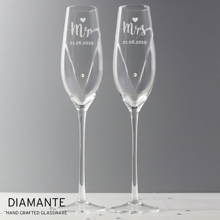 Buy Personalised Hand Cut Mr & Mrs Pair of Diamante Champagne Flutes, In A Gift Box available now at www.giftsfinder.co.uk