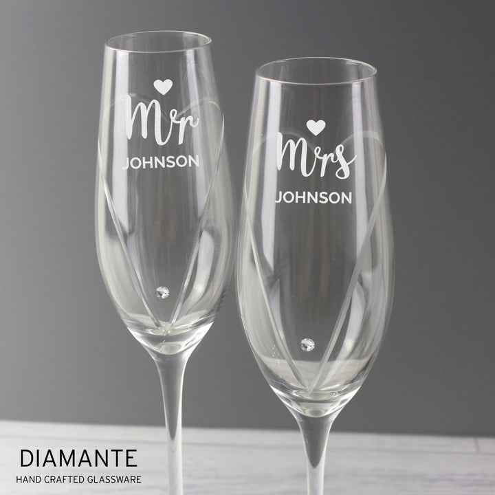 Buy Personalised Hand Cut Mr & Mrs Pair of Diamante Champagne Flutes, In A Gift Box available now at www.giftsfinder.co.uk