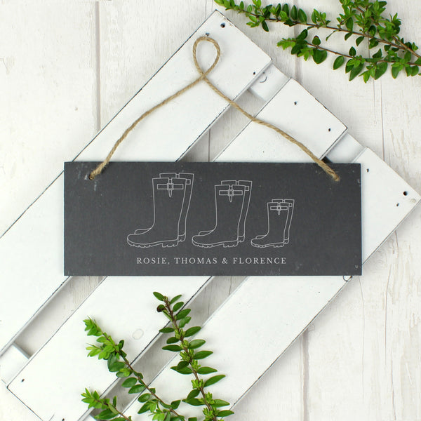 Personalised Welly Boot Family Of Three Hanging Slate Plaque - part of the Personalised House Signs & Plaques collection