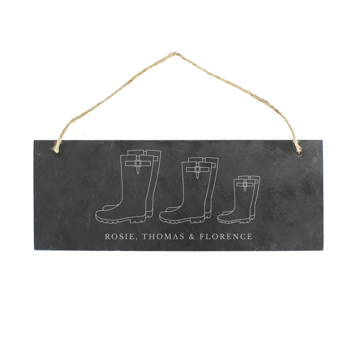 Buy Personalised Welly Boot Family of Three Hanging Slate Plaque at www.giftsfinder.co.uk