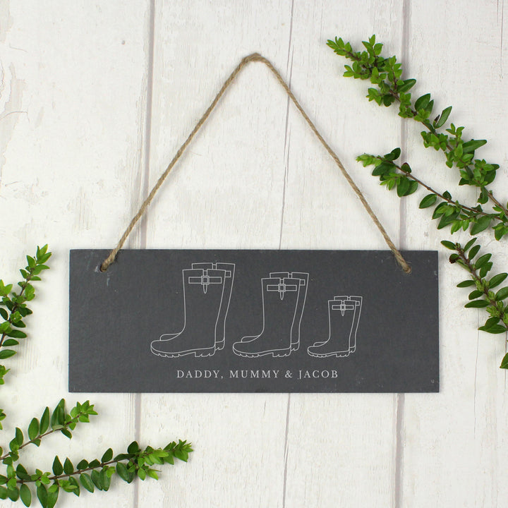 Buy Personalised Welly Boot Family of Three Hanging Slate Plaque at www.giftsfinder.co.uk