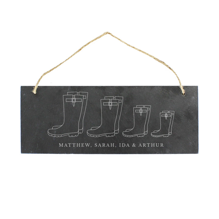 Buy Personalised Welly Boot Family of Four Hanging Slate Plaque at www.giftsfinder.co.uk