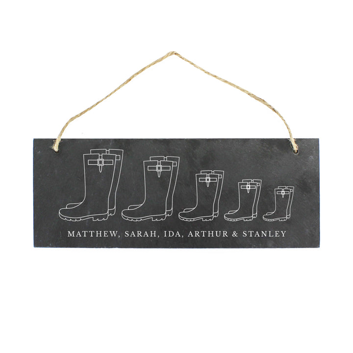 Buy Personalised Welly Boot Family of Five Hanging Slate Plaque at www.giftsfinder.co.uk