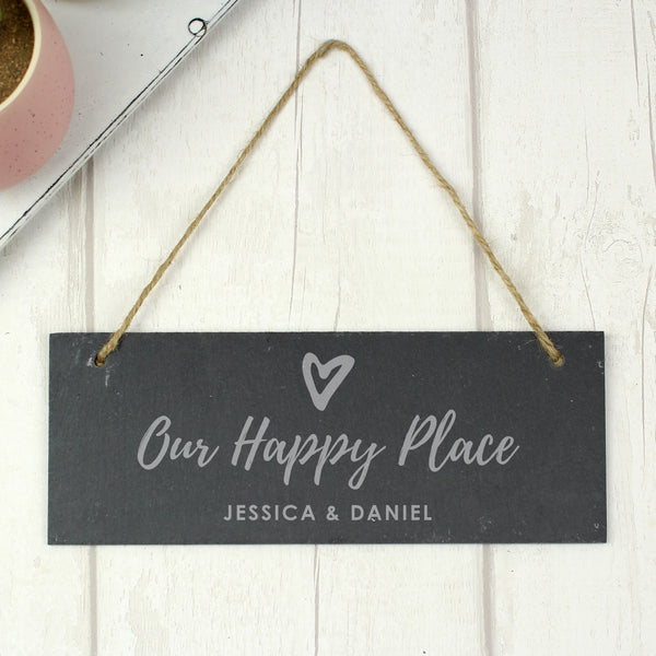 Personalised Our Happy Place Hanging Slate Plaque - part of the Personalised House Signs & Plaques collection